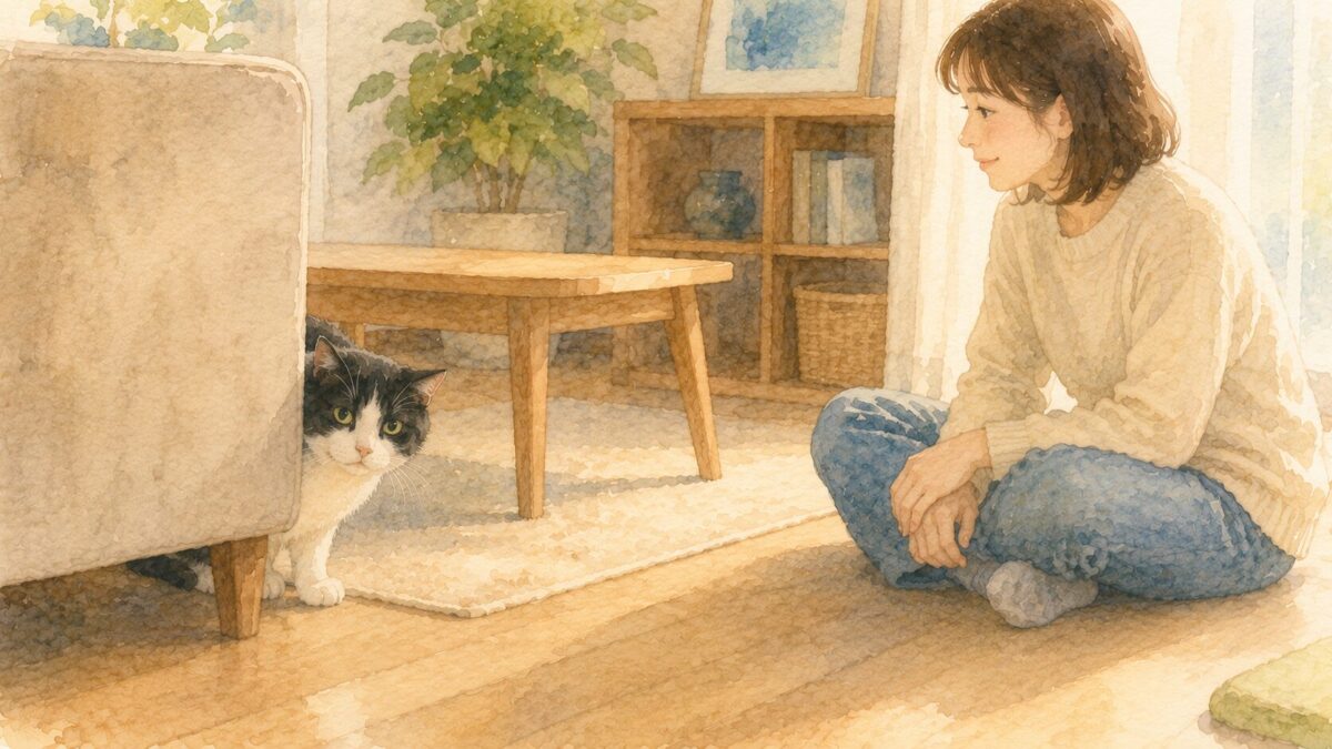 家具の陰で警戒する猫を無理に近づかず静かに待つ飼い主のイラスト
