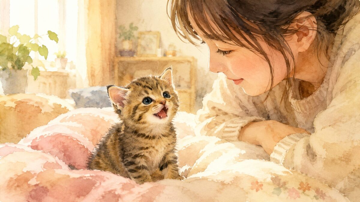 毛布の上で小さく鳴く子猫をやさしくのぞきこむ飼い主のイラスト