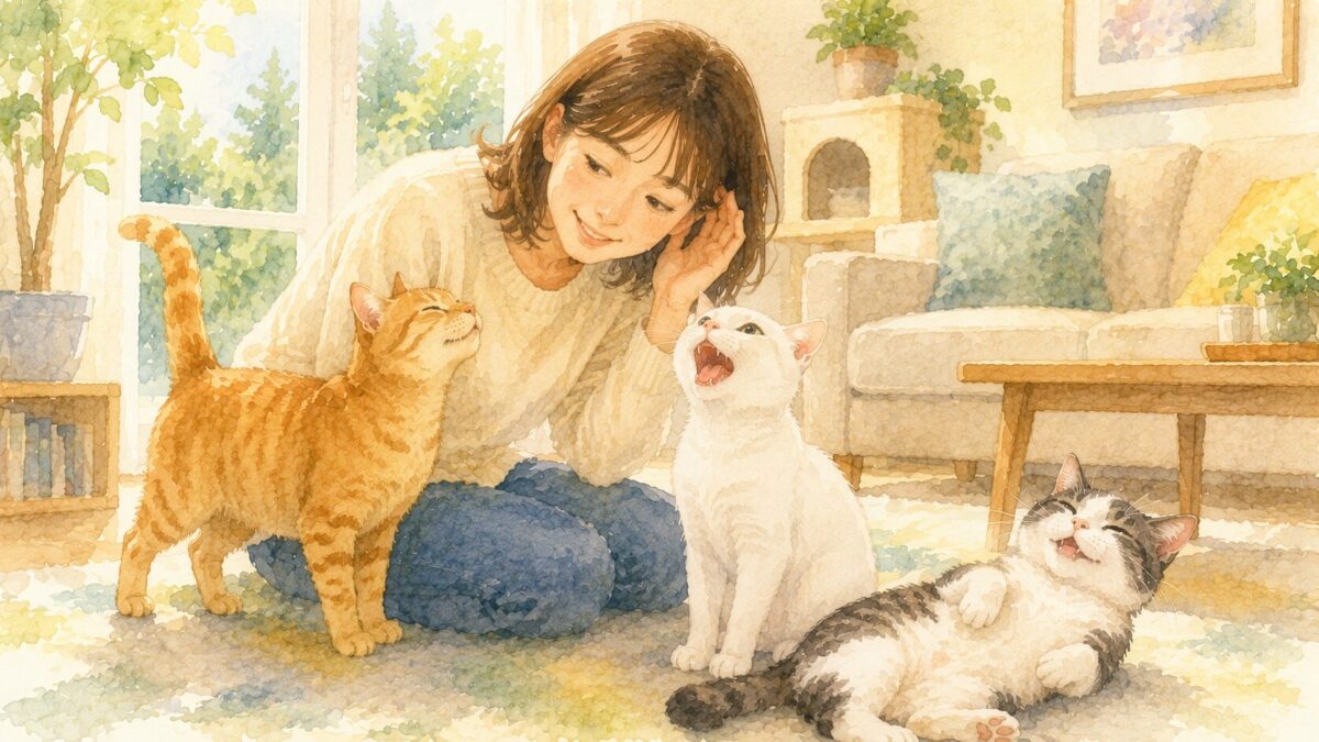 リビングで3匹の猫がそれぞれ違う様子で鳴き、飼い主が耳を傾けるイラスト