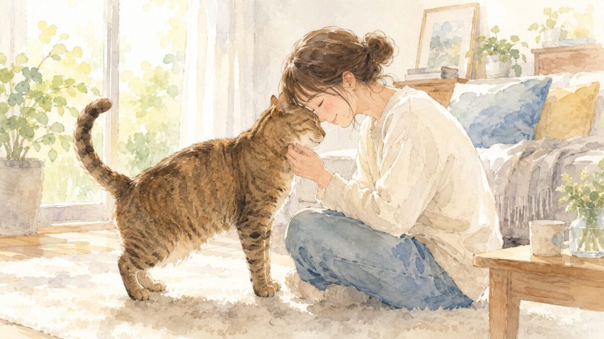 床に座る飼い主にキジトラ猫が頭をすり寄せて甘えている水彩イラスト