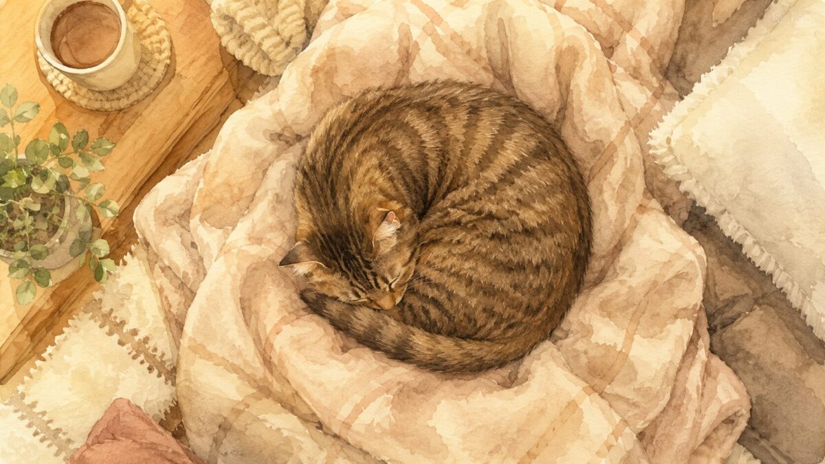 ブランケットの上で丸くなって眠るキジトラ猫（アンモニャイト）の水彩イラスト