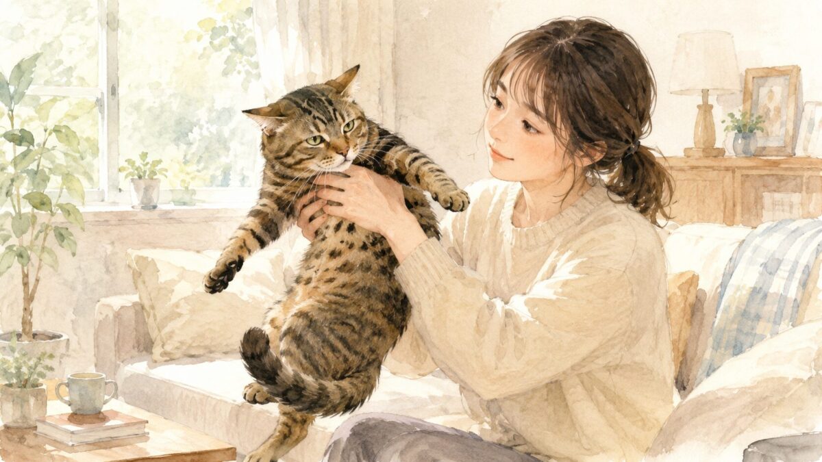 飼い主に抱き上げられて身をよじるキジトラ猫の水彩イラスト