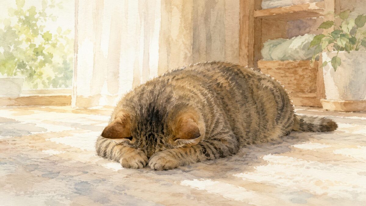 前足のあいだに顔を伏せて眠るキジトラ猫（ごめん寝）の水彩イラスト
