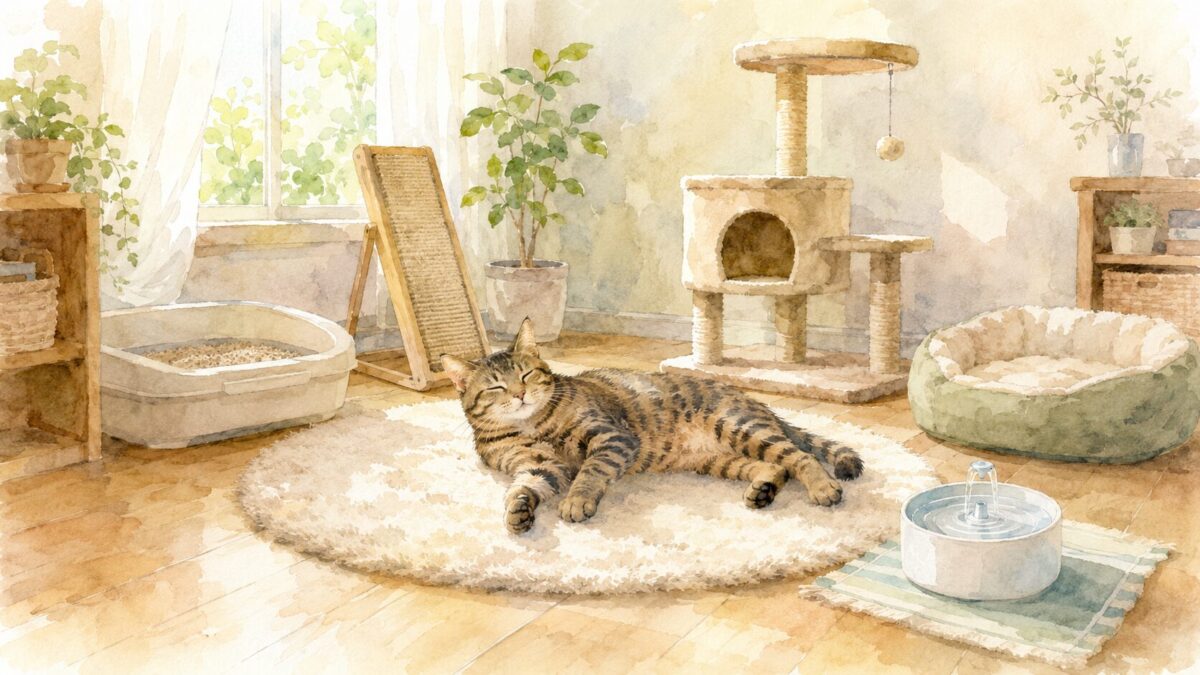 トイレ・爪とぎ・キャットタワー・ベッド・給水器が並ぶ部屋でくつろぐ猫