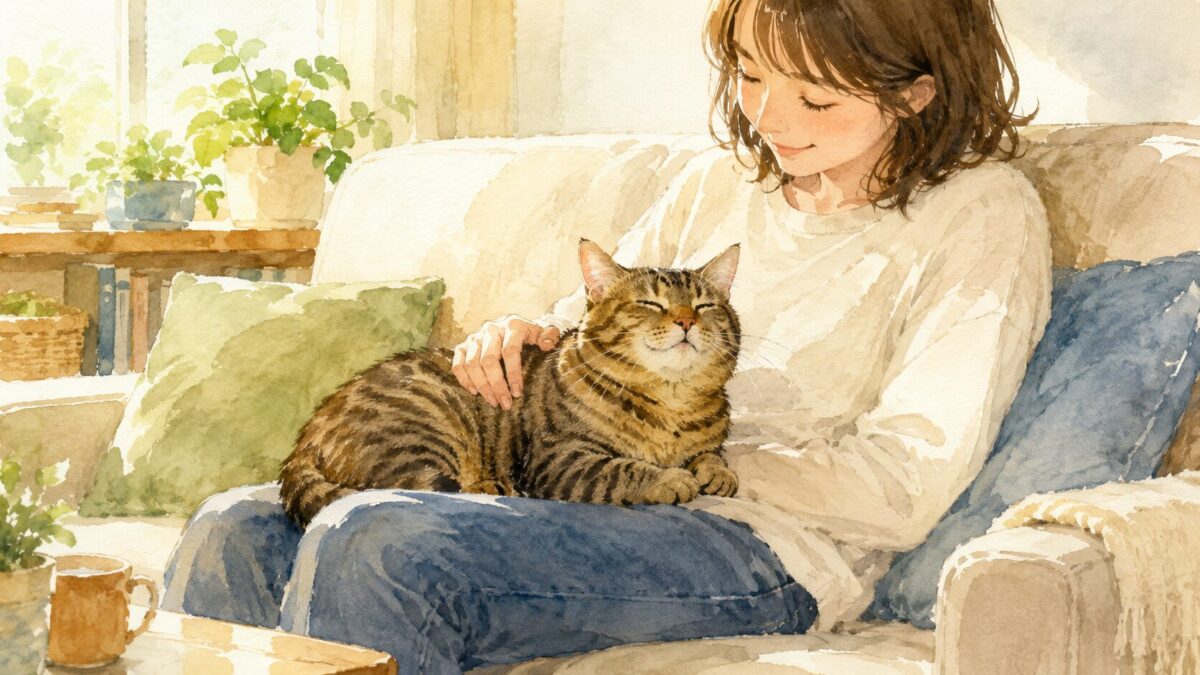 ソファで飼い主の膝の上に乗り目を細めて喉を鳴らすキジトラ猫の水彩イラスト