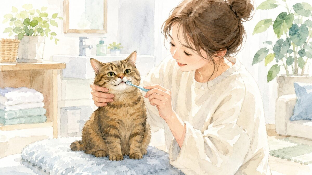 飼い主がキジトラ猫に猫用歯ブラシで歯磨きをする水彩イラスト