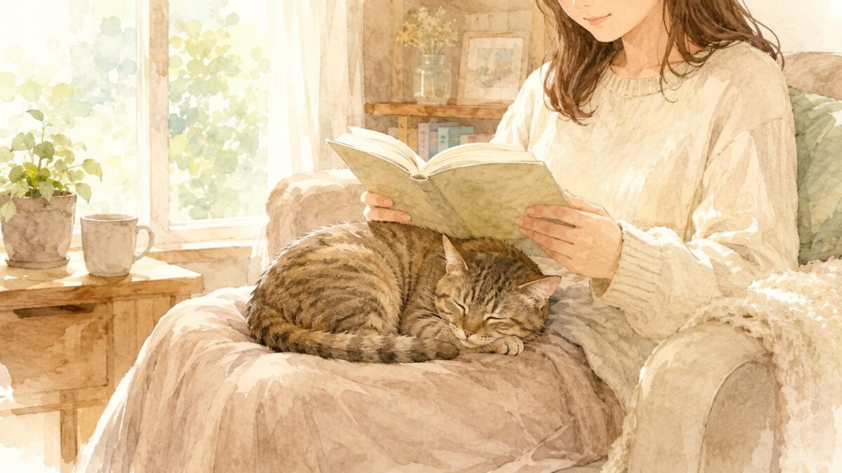 本を読む飼い主の膝の上で丸くなって眠るキジトラ猫の水彩イラスト