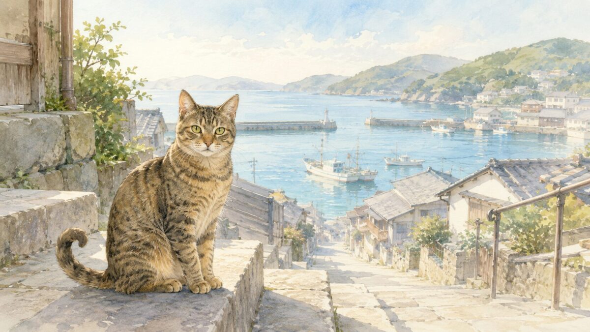 港町の石段に座る、しっぽの先が曲がったキジトラ猫の水彩イラスト