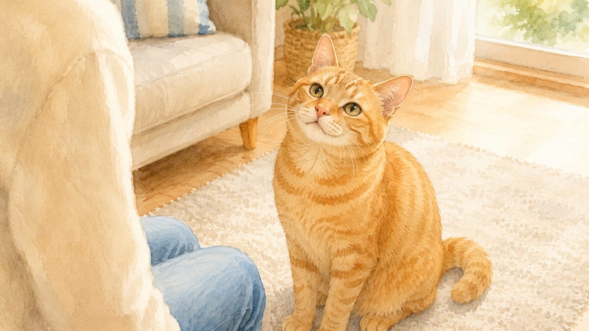 明るいリビングで飼い主を見上げる茶トラ猫の水彩イラスト