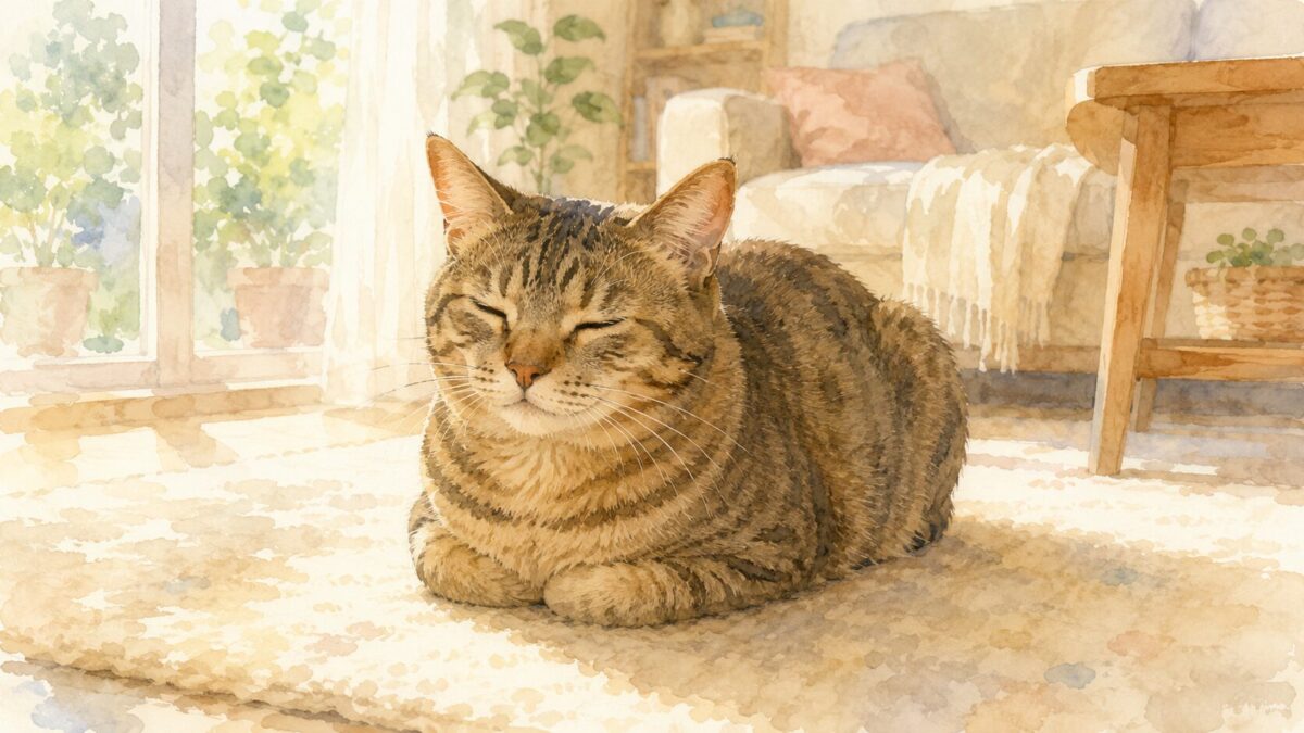 日だまりで前足を折りたたみ香箱座りでくつろぐキジトラ猫の水彩イラスト