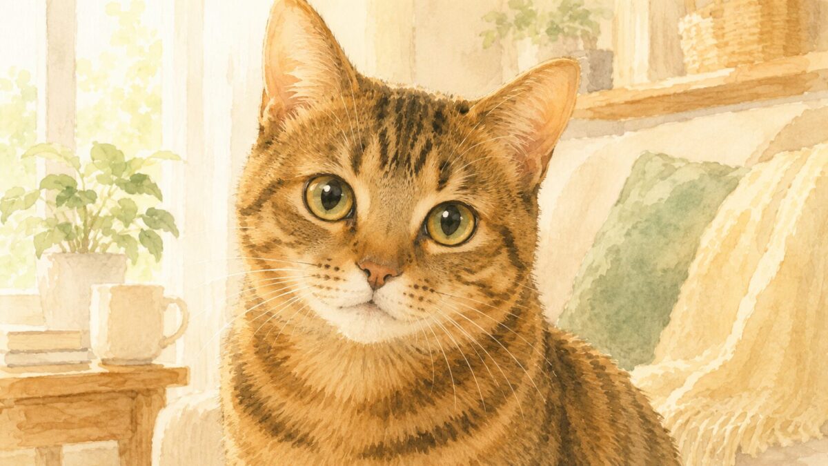 こちらをじっと見つめるキジトラ猫のアップの水彩イラスト