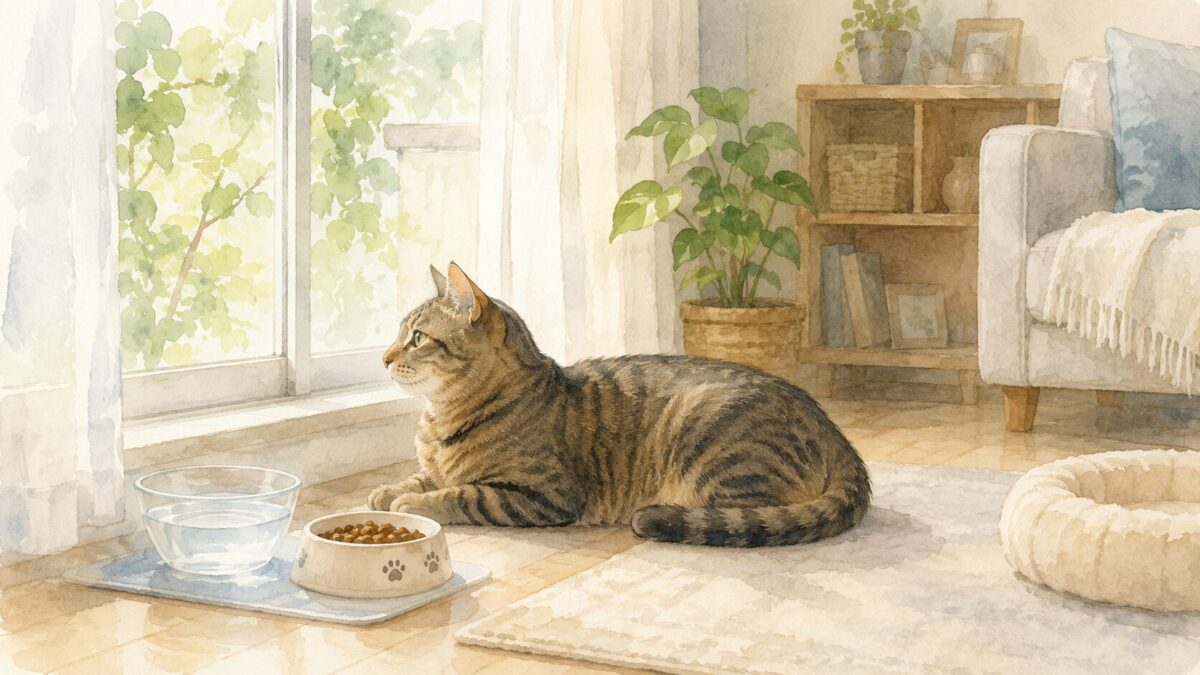 留守番中に窓辺で水とフードのそばでくつろぐキジトラ猫の水彩イラスト