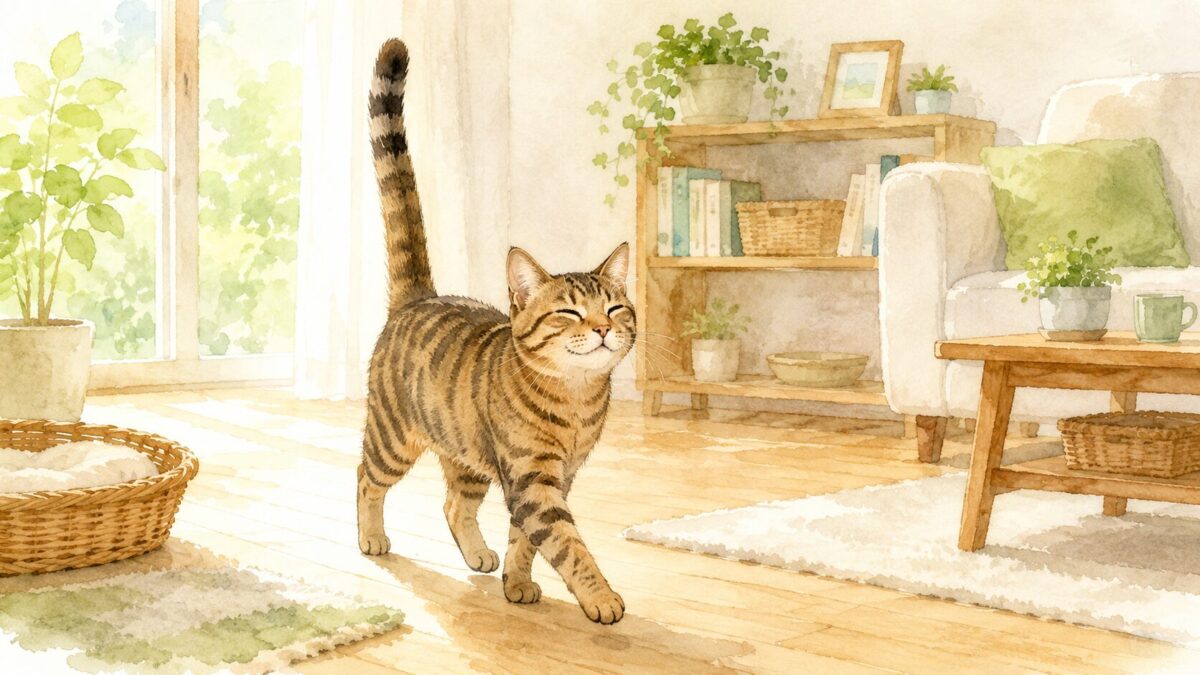 しっぽをピンと立ててご機嫌に歩くキジトラ猫の水彩イラスト