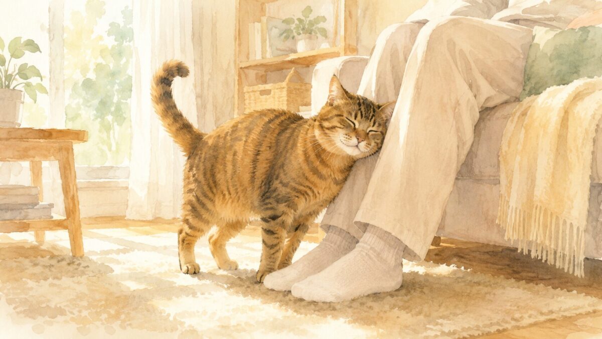飼い主の脚に体をすりすりと擦りつけて甘えるキジトラ猫の水彩イラスト