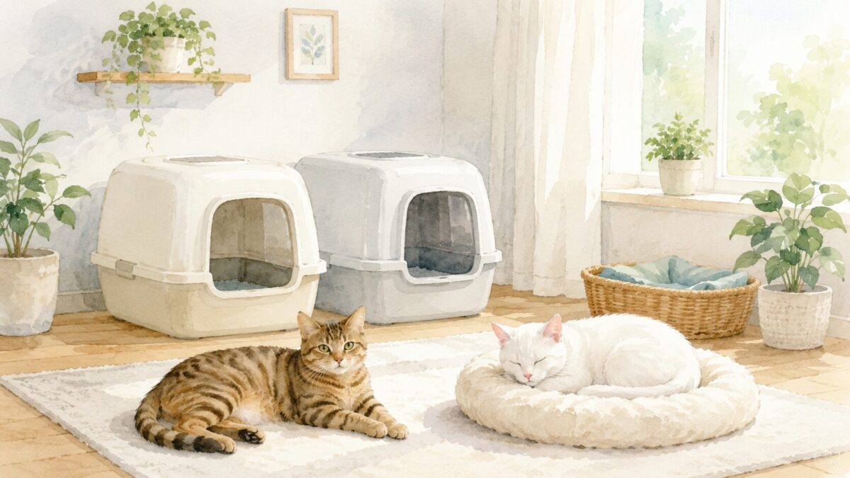 カバー付き猫トイレが2つ並ぶ明るい部屋でくつろぐ2匹の猫の水彩イラスト