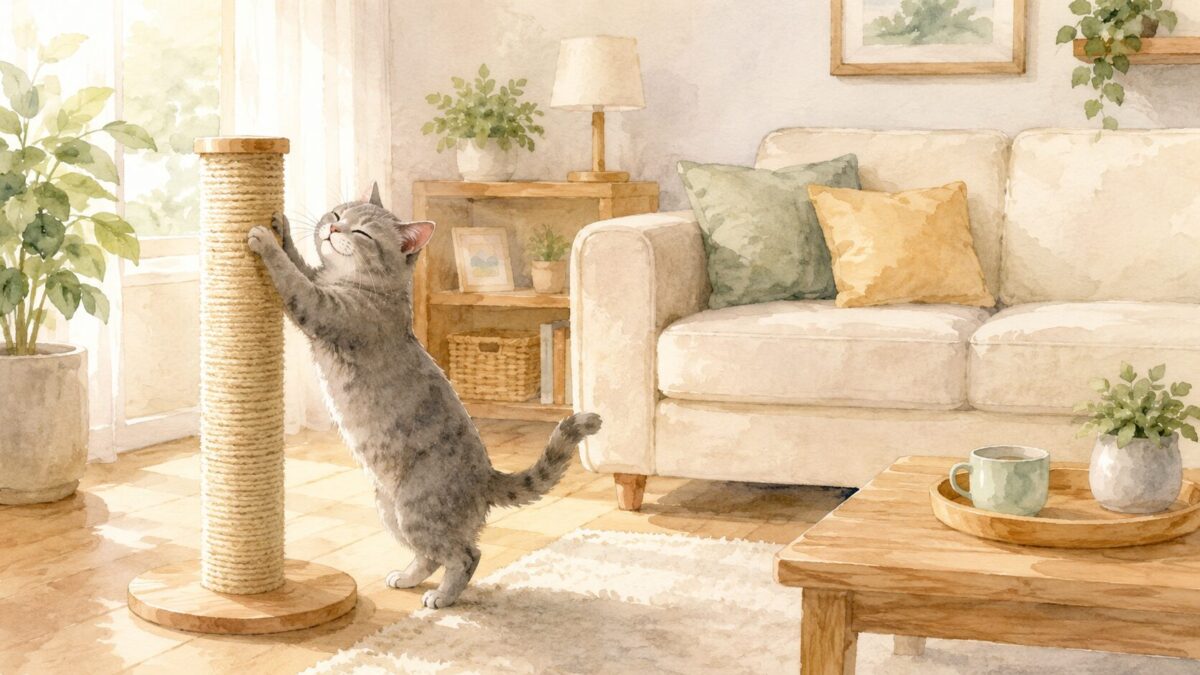 麻の爪とぎポールで爪とぎするグレーの猫と無傷のソファの水彩イラスト