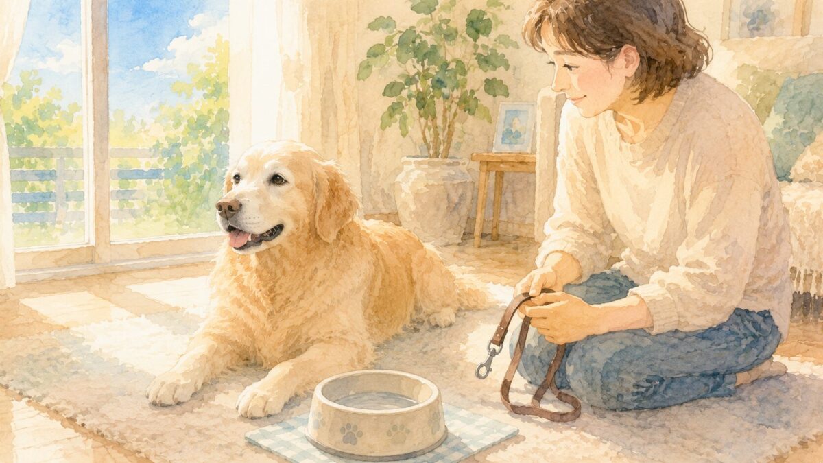 食後に一息つくゴールデンレトリバーとリードを手に待つ飼い主のイラスト