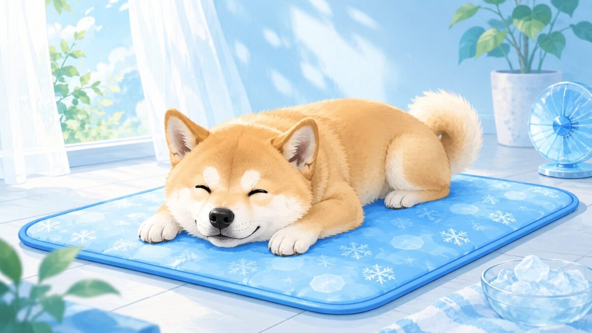 ひんやりマットの上で気持ちよさそうに伏せる犬の涼しげなイラスト