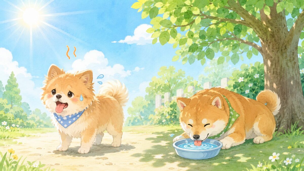 夏の日差しの下で舌を出す犬と、日陰で水を飲んで涼む犬を対比したイラスト