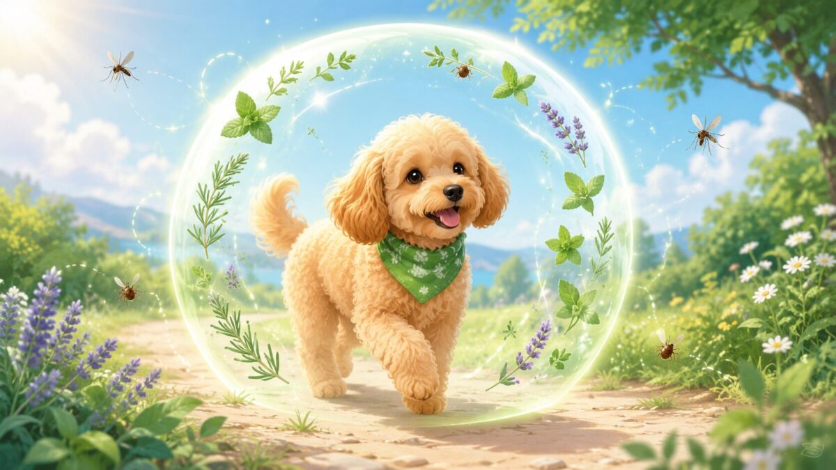 夏の散歩中に蚊やダニから守られている犬のイメージイラスト