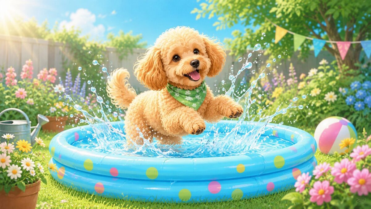 庭のビニールプールで楽しそうに水遊びする犬の明るいイラスト