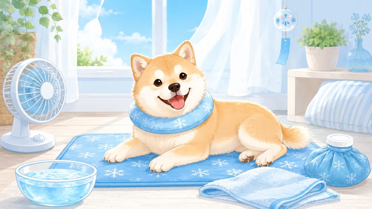 冷感マットやクールリングなど暑さ対策グッズに囲まれて涼む犬のイラスト