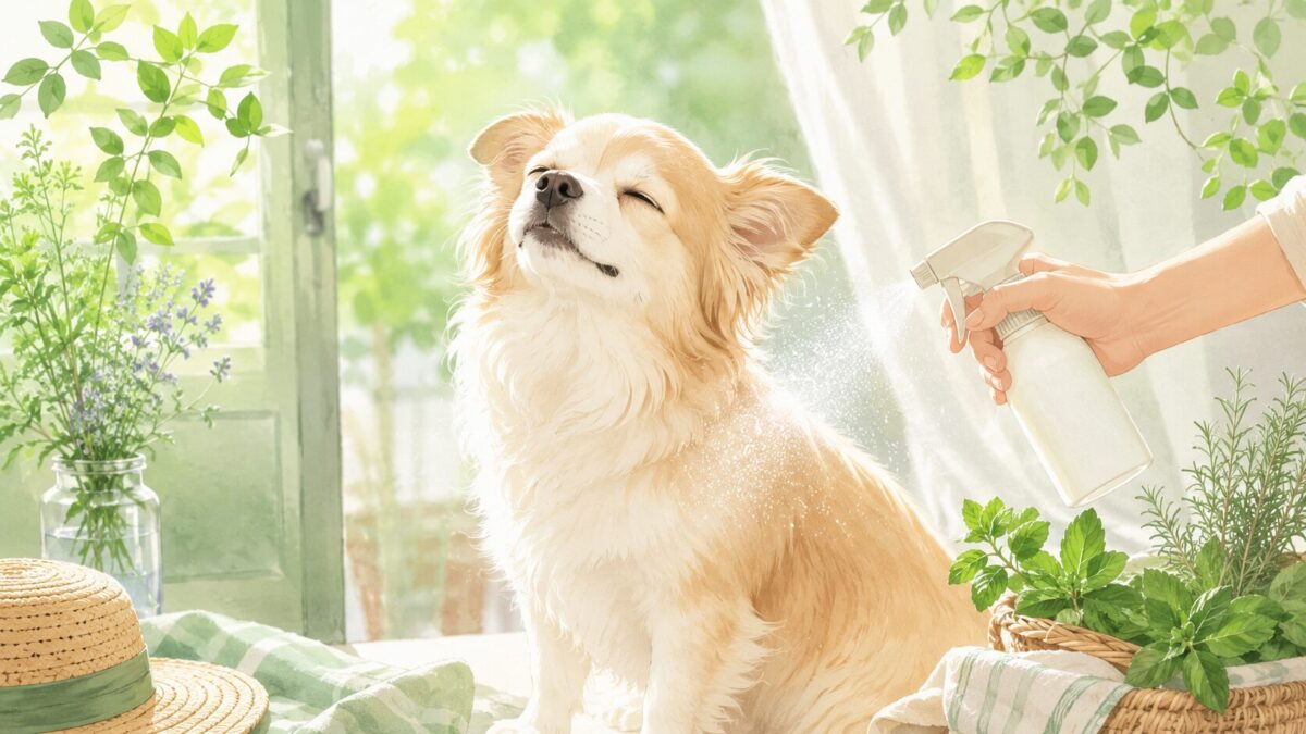 散歩前に犬へ虫除けスプレーをやさしく吹きかけるイメージイラスト