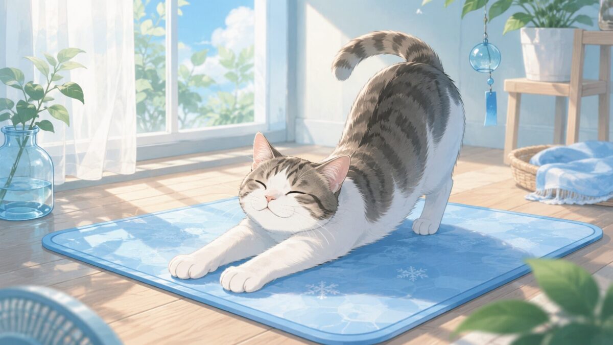 ひんやりマットの上で気持ちよさそうに伸びをする猫のイラスト