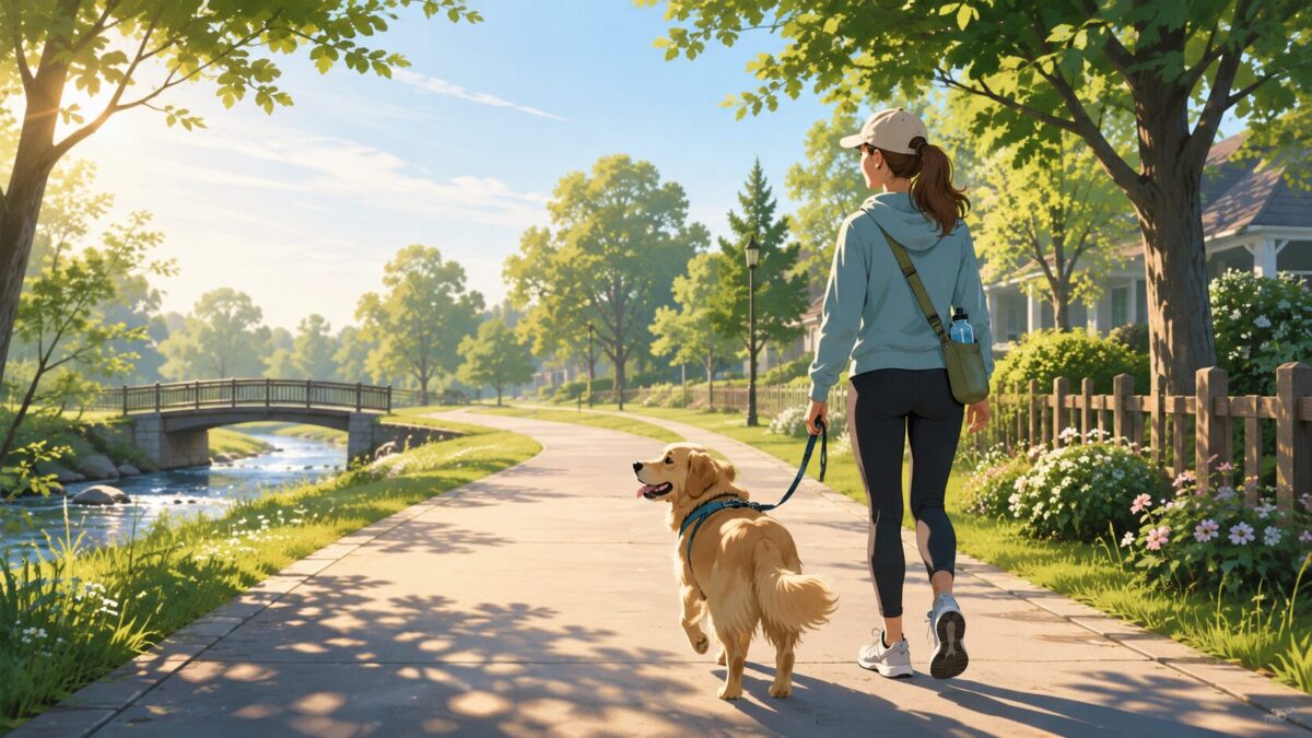 早朝の涼しい時間帯に飼い主と散歩する犬のイラスト