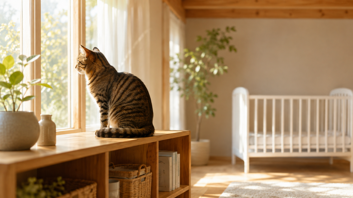 窓辺の棚にすわるキジトラの猫と、部屋の奥に置かれた白いベビーベッド