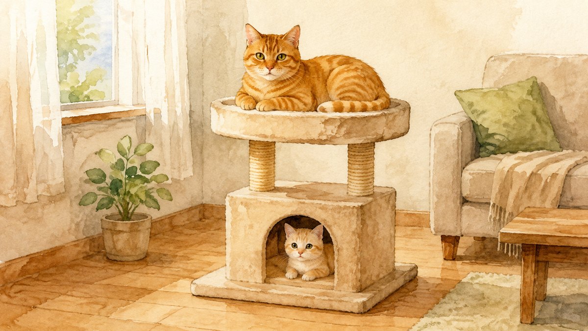 布張りのキャットタワーの上でくつろぐ茶トラ猫と、下の箱から顔を出す子猫