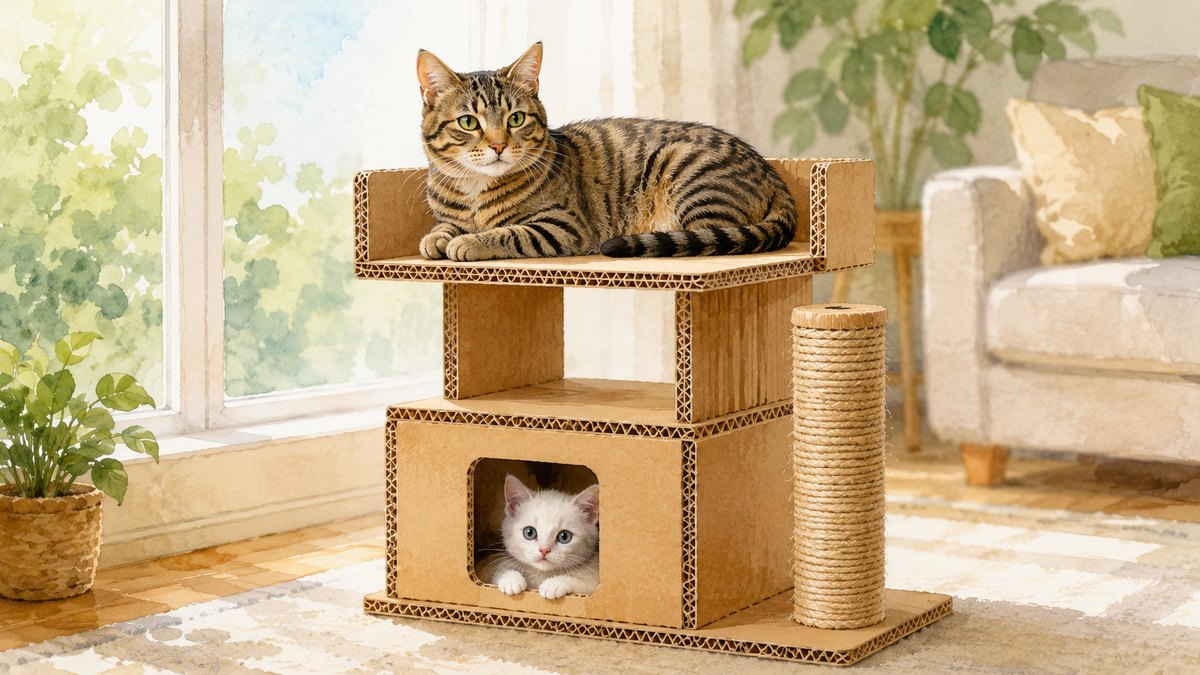段ボール製の2段キャットタワーの上でくつろぐキジトラ猫と、下の穴から顔を出す白い子猫