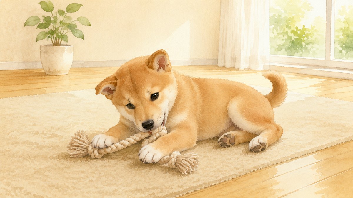 ラグの上でロープのおもちゃを噛んでいる子犬（水彩イラスト）