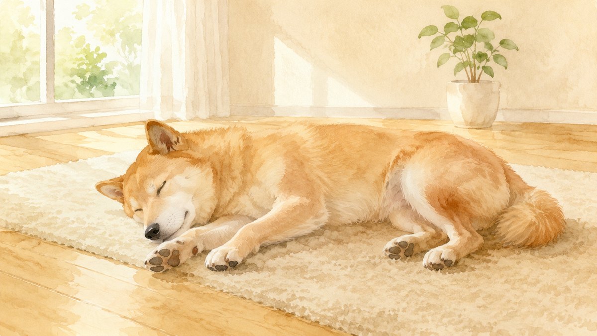 フローリングのラグの上で横向きに伸びて眠る柴犬のイラスト