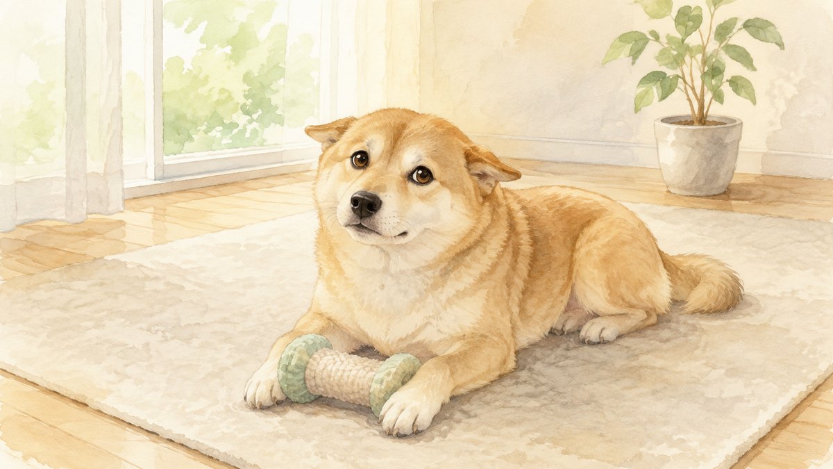 ラグの上でおもちゃを前足で押さえ、こちらを見上げている犬（水彩イラスト）
