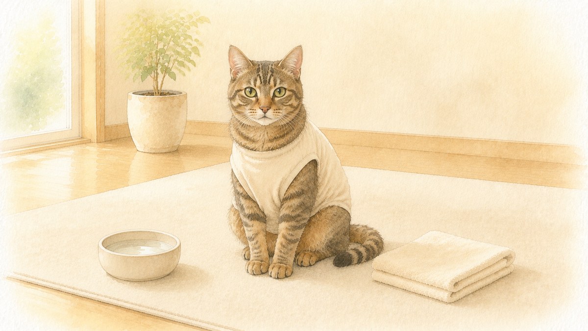 胴体をやわらかい布の服でおおわれたキジトラ猫が、窓ぎわのラグの上に座っている水彩イラスト
